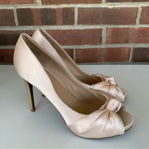 Bebe Womens Beige Satin High Heel Peep Toe Pump Heels US 8.5 M